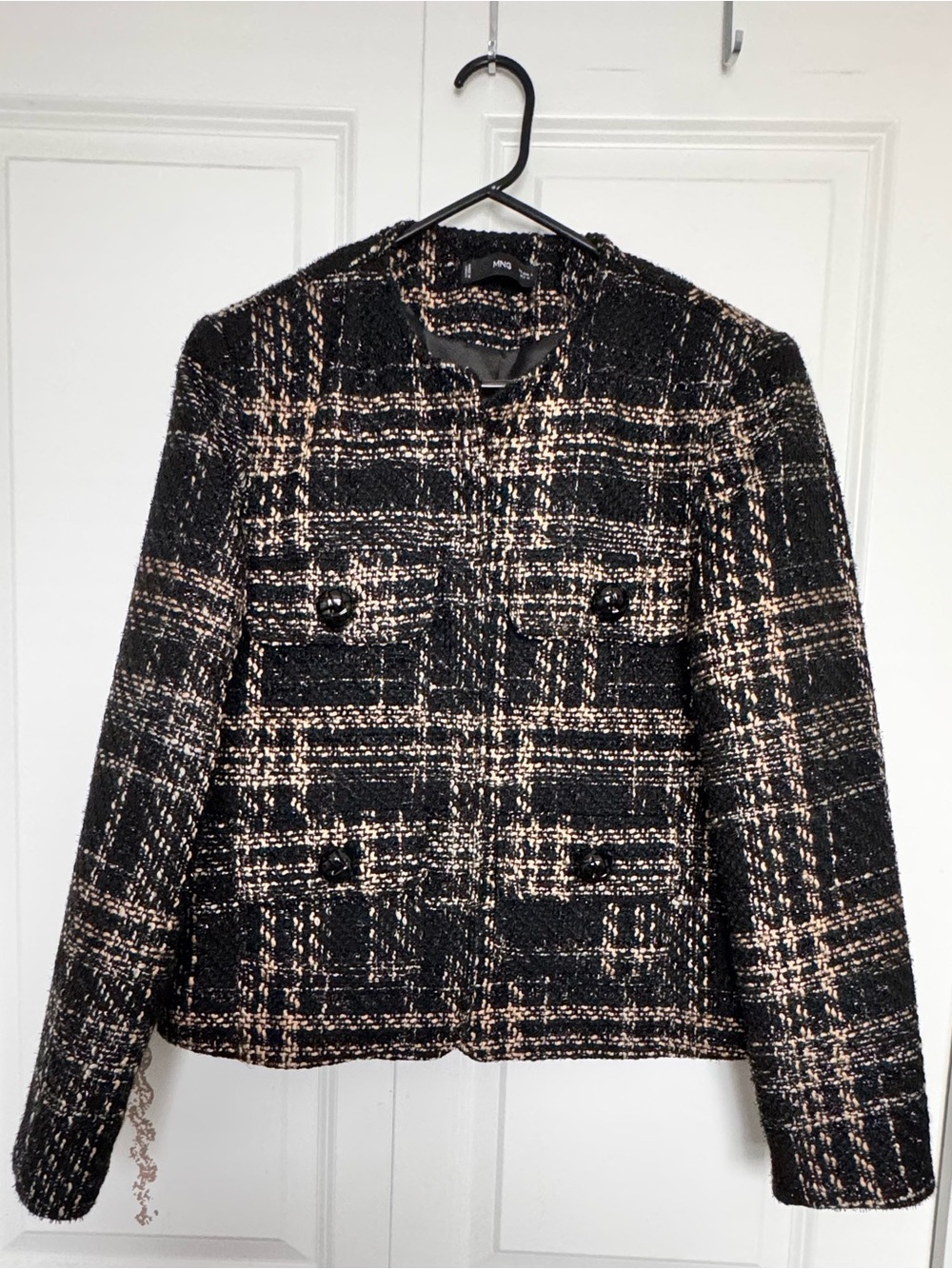 Mango Black and Cream Plaid Tweed Blazer